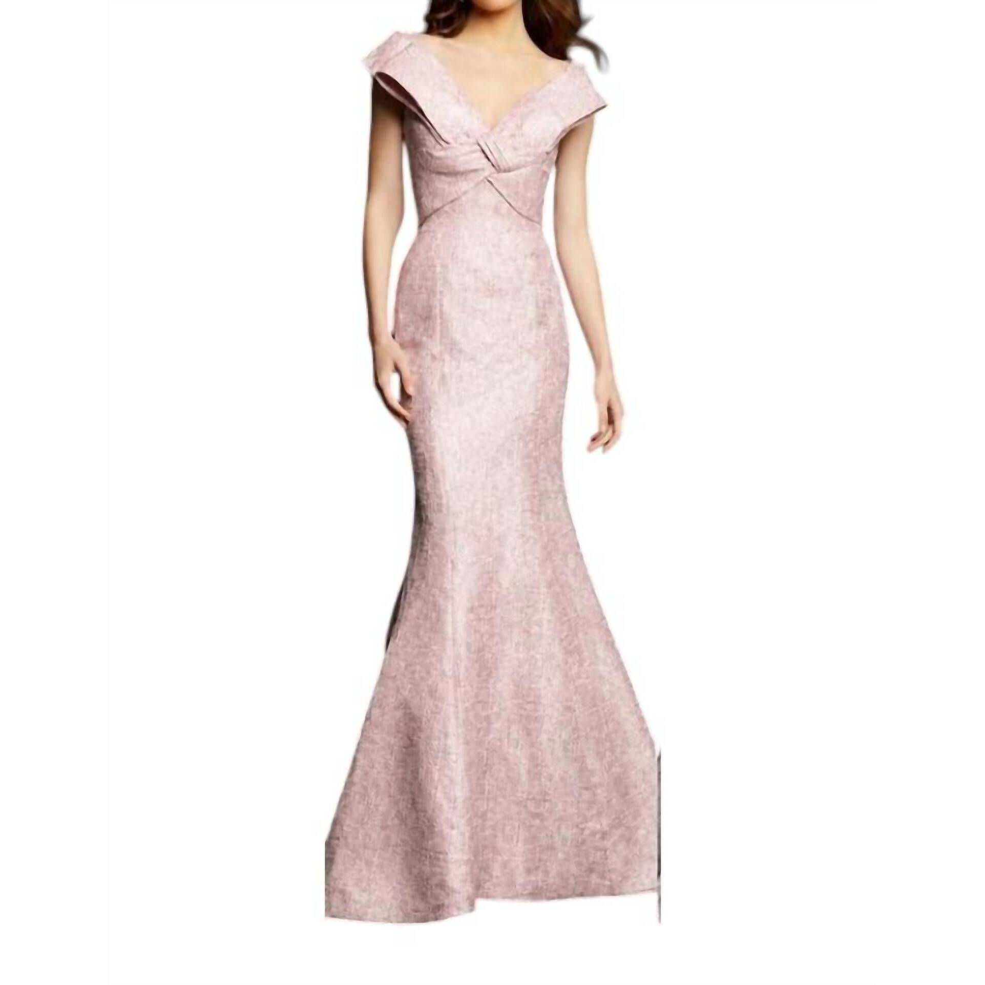 New Jovani Cap Sleeved Bow V-Neck Gown In Blush